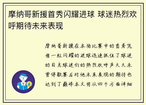 摩纳哥新援首秀闪耀进球 球迷热烈欢呼期待未来表现
