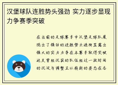 汉堡球队连胜势头强劲 实力逐步显现力争赛季突破