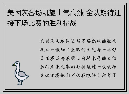 美因茨客场凯旋士气高涨 全队期待迎接下场比赛的胜利挑战