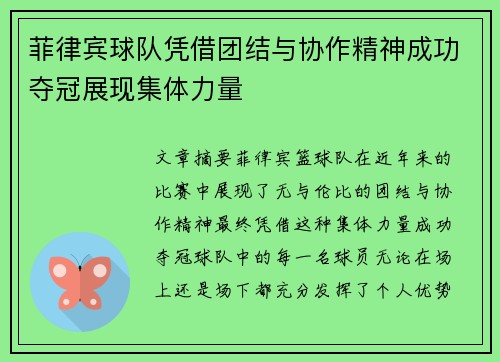 菲律宾球队凭借团结与协作精神成功夺冠展现集体力量