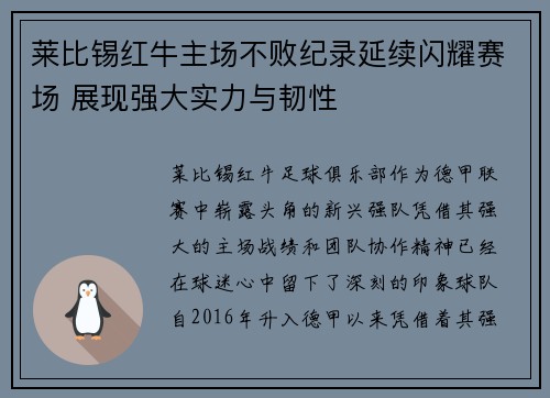 莱比锡红牛主场不败纪录延续闪耀赛场 展现强大实力与韧性