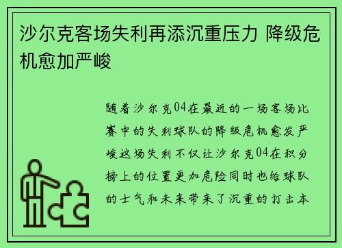 沙尔克客场失利再添沉重压力 降级危机愈加严峻